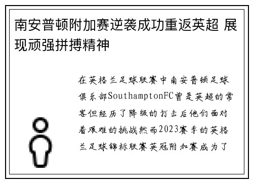 南安普顿附加赛逆袭成功重返英超 展现顽强拼搏精神 南安普顿附加赛逆袭成功重返英超 展现顽强拼搏精神